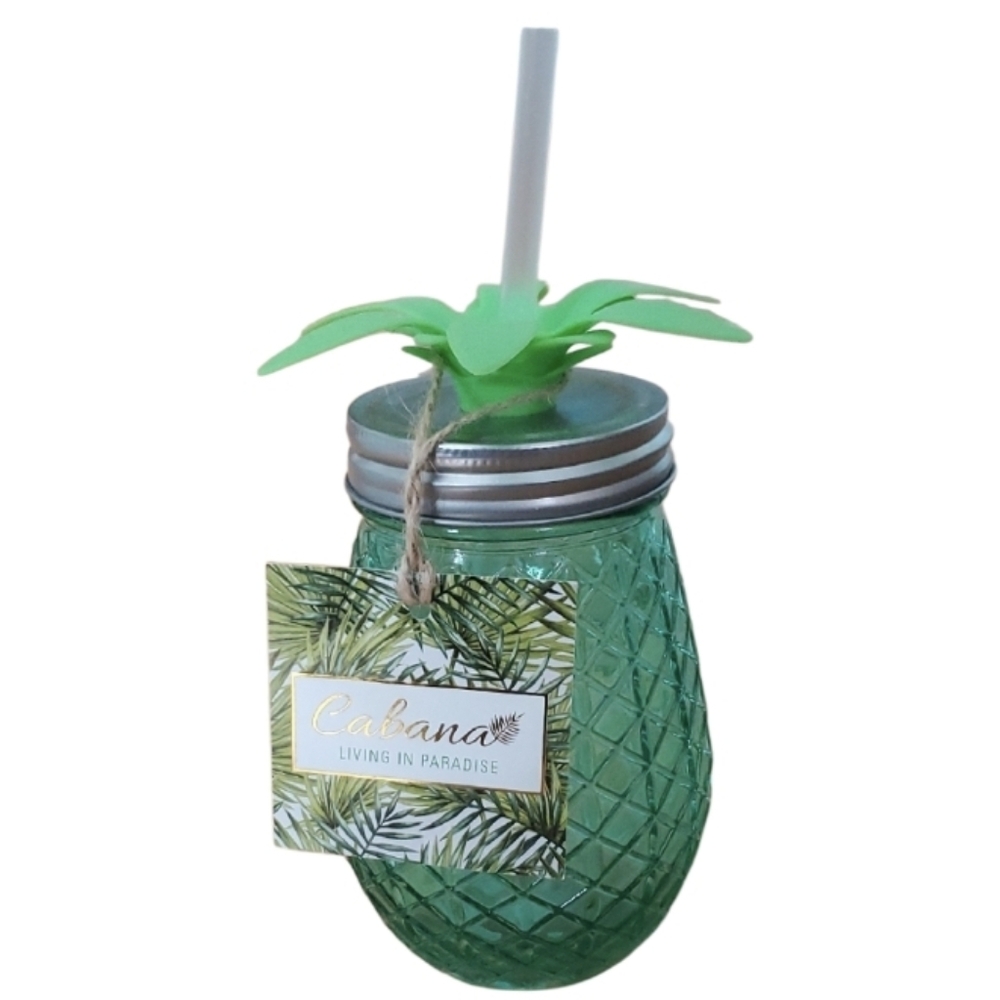Cabana NWT‎ Green Scored Glass Pineapple Sipper Jar